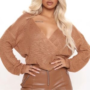 Fashion Nova Don't Waste Your Time Surplice Sweater in Camel